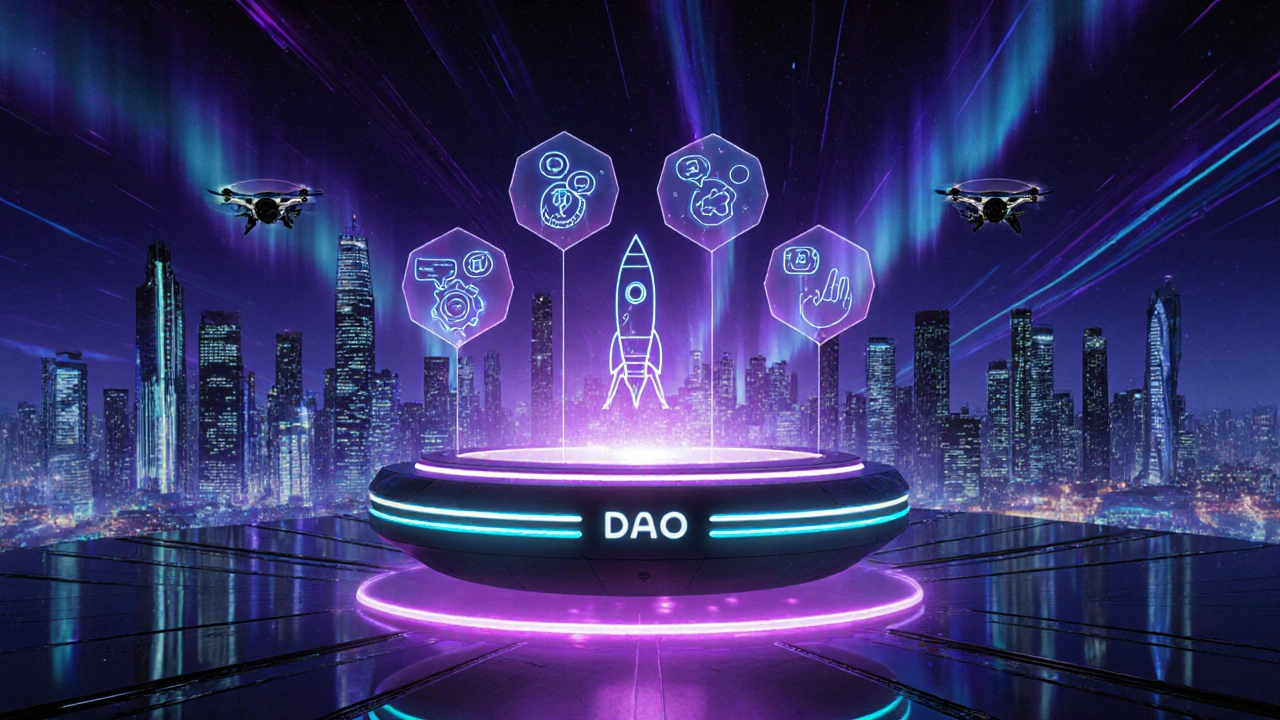 Cảnh tương lai DAO với biểu tượng các loại DAO và thành phố công nghệ.
