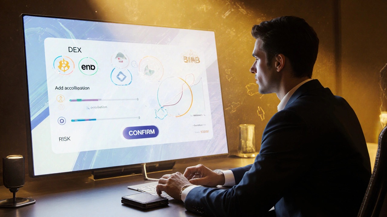 Người dùng kết nối ví, chọn cặp token, cung cấp thanh khoản trên DEX, theo dõi phí và rủi ro.