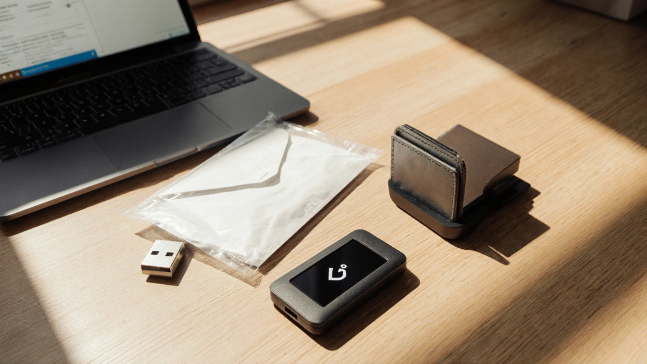 Ba loại ví Bitcoin: laptop, ổ USB và ví phần cứng đặt trên bàn, ánh sáng tự nhiên.