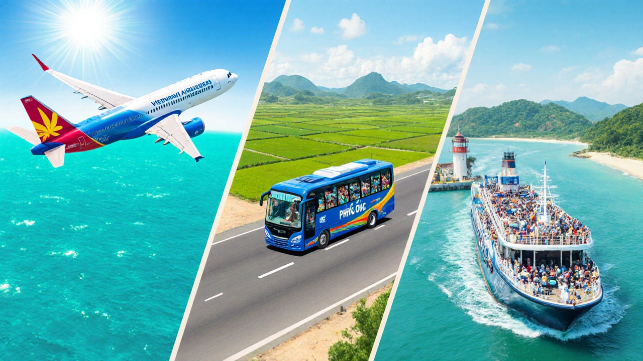 Ba phương tiện di chuyển: máy bay, xe khách, và ferry đang di chuyển trên biển và đường.