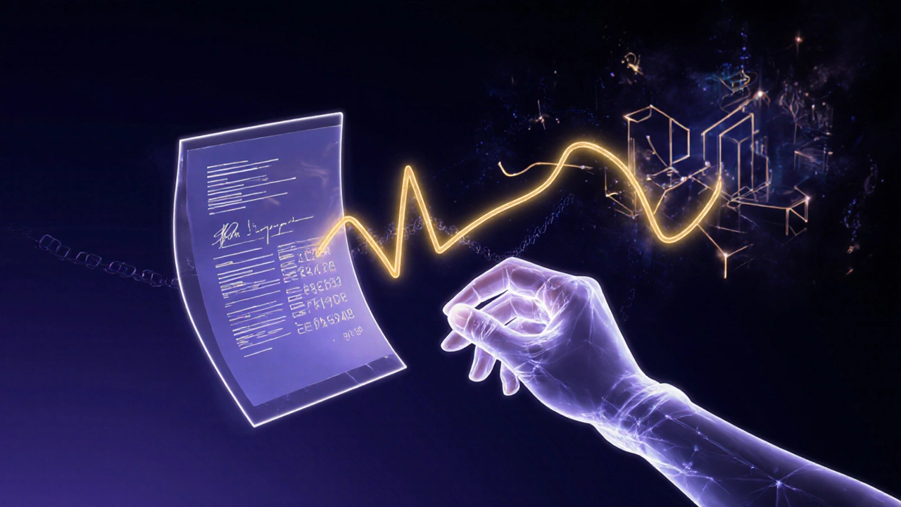 Bàn tay ảo ký số sáng rực trên sổ blockchain, mô tả quá trình giao dịch.