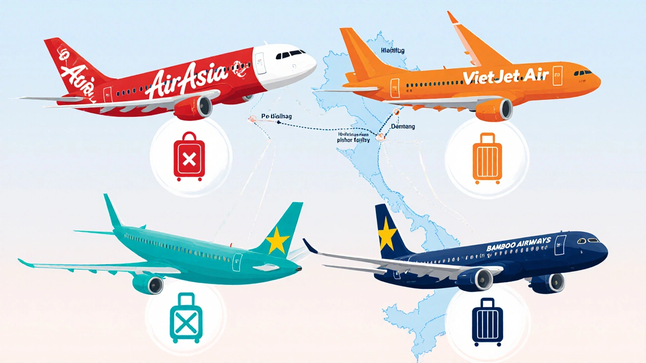 Bốn chiếc máy bay màu sắc đại diện cho AirAsia, VietJet, Bamboo Airways và Vietnam Airlines, kèm thùng hành lý.