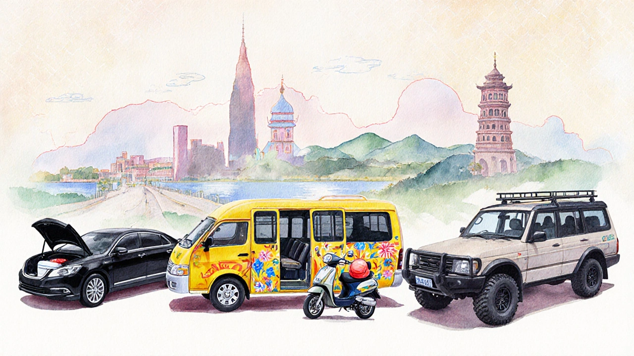 Các loại xe du lịch ở Hà Nội: xe ô tô, xe máy, mini bus và SUV.