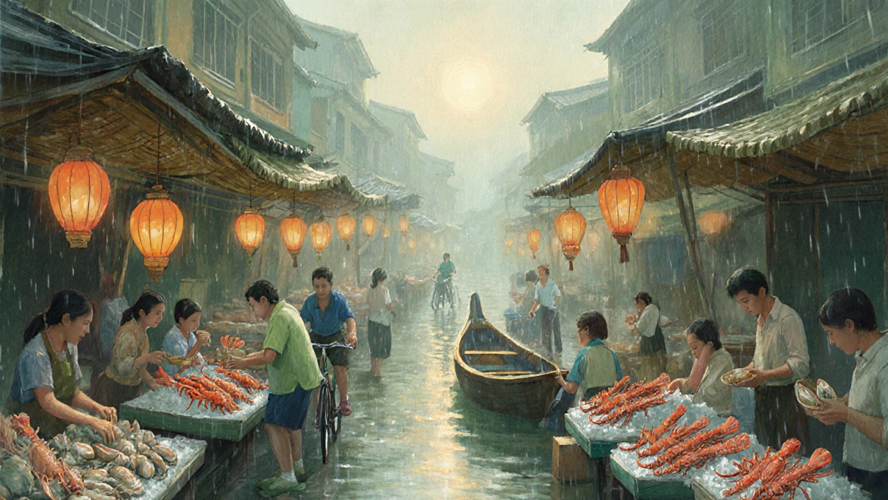 Chợ hải sản Hội An vào buổi sáng mờ sương, quầy hải sản, thùng đá, xe đạp đi qua.