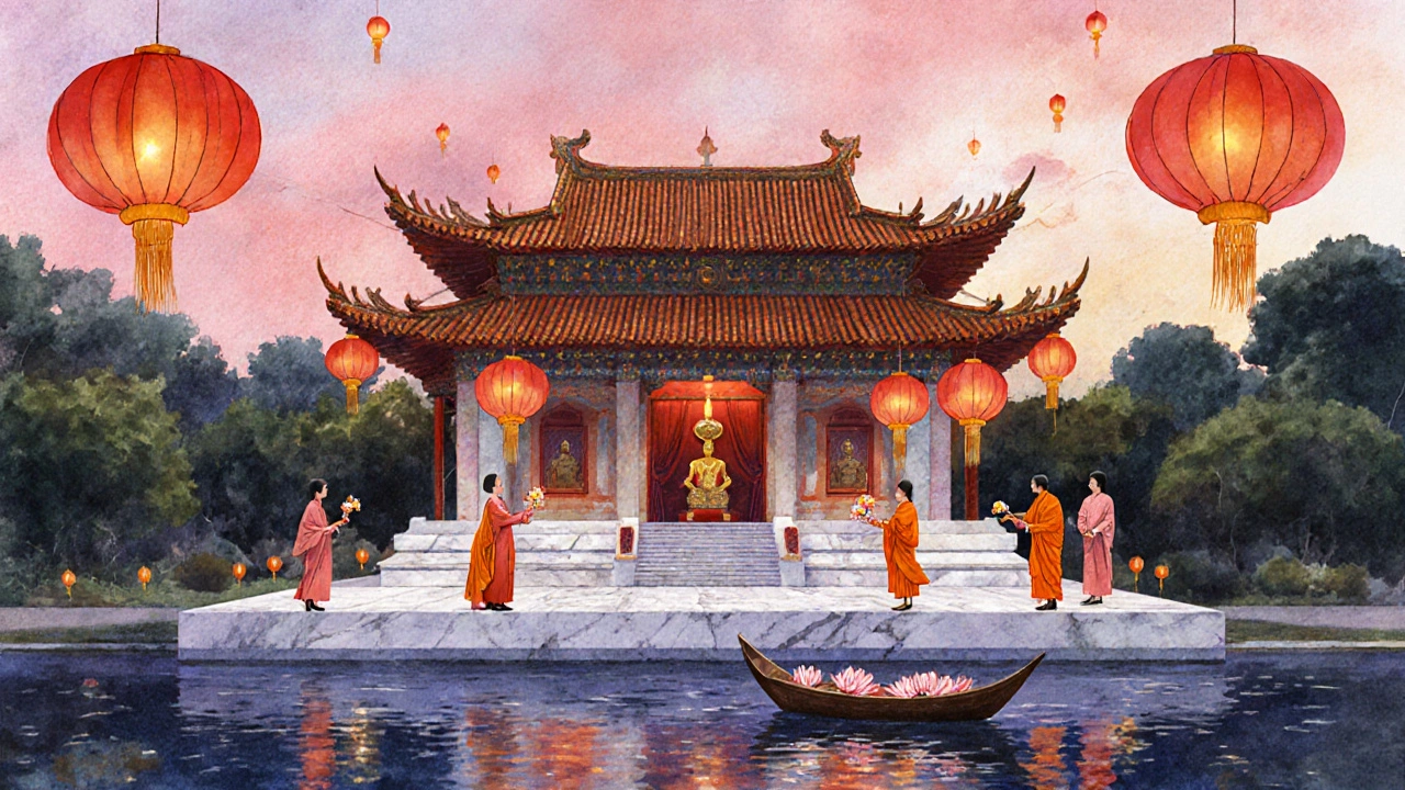Đền Bảo Lộc lúc hoàng hôn, lễ hội Đoan Ngọ với người tham dự và đèn lồng.