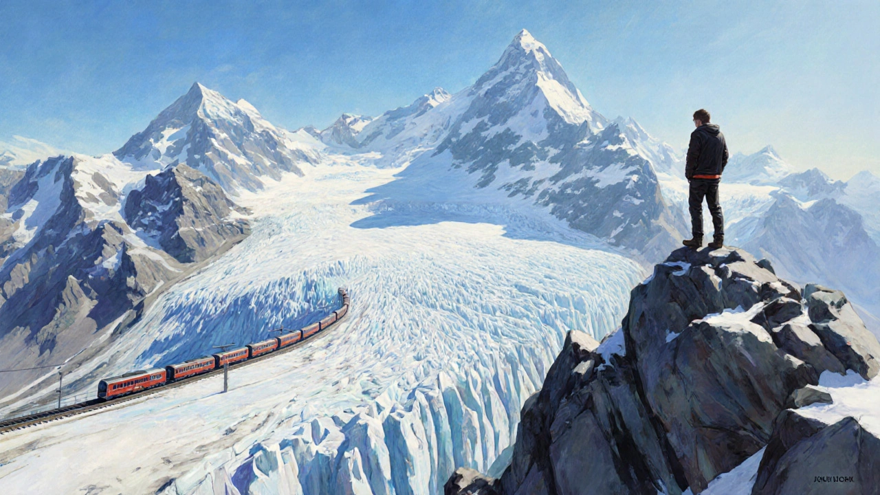 Đỉnh Jungfraujoch với sông băng Aletsch kéo dài hàng chục km giữa núi non hùng vĩ.