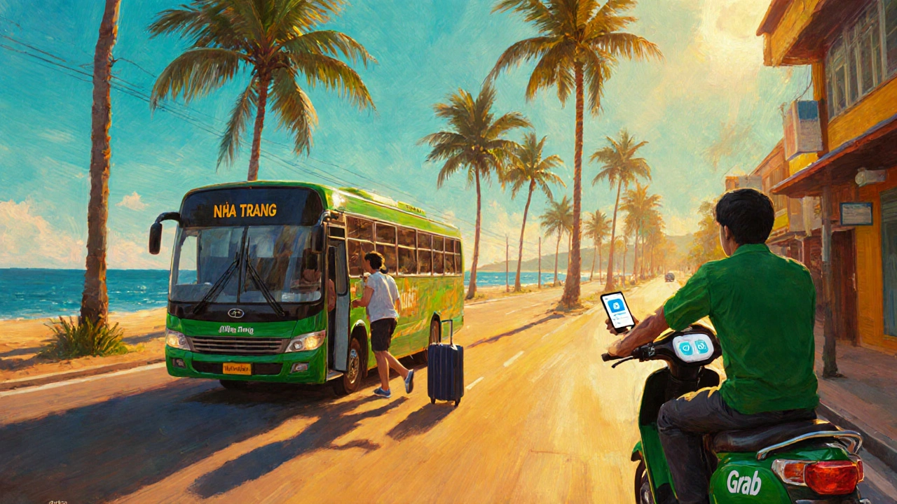 Du khách bước ra bến xe Nha Trang, xung quanh là cây cọ và bãi biển.