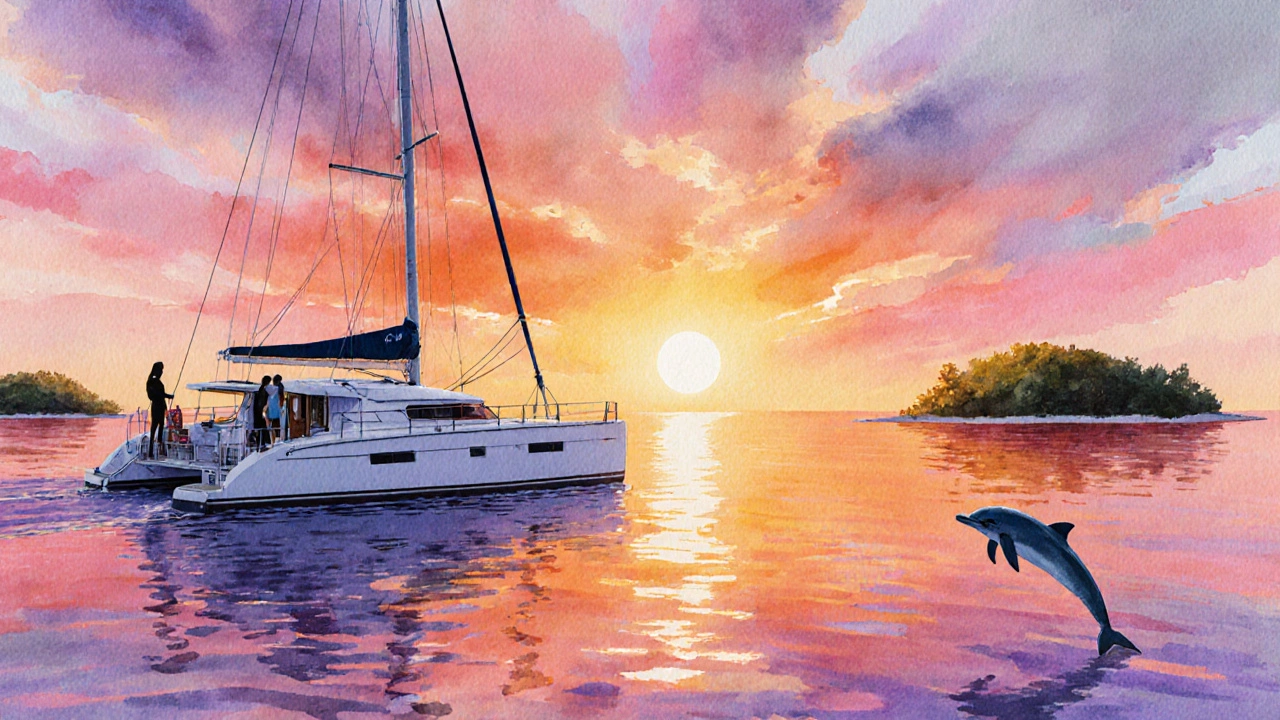 Du thuyền hoàng hôn trên biển Maldives, cặp đôi ngắm hoàng hôn và đảo xa.
