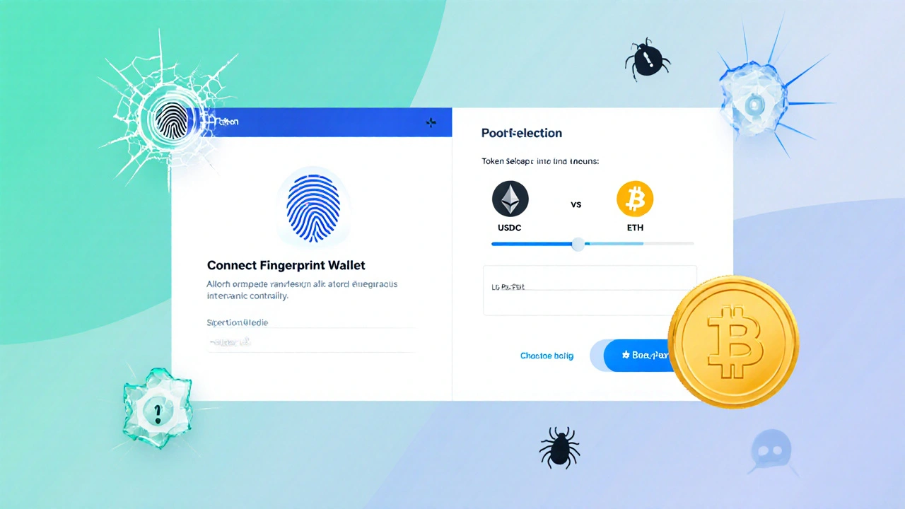 Giao diện DeFi mô tả kết nối ví, chọn pool token và nhận token LP, kèm biểu tượng rủi ro.
