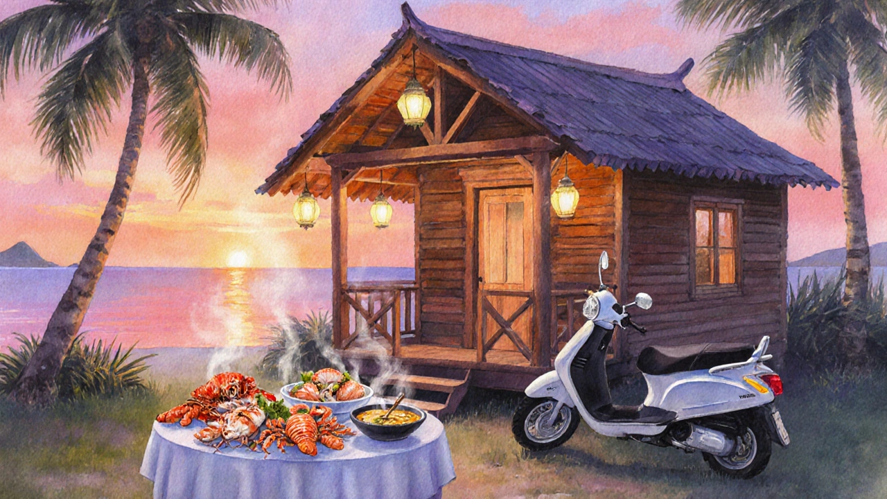 Homestay Dương Đông vào lúc hoàng hôn, bàn ăn hải sản, xe máy đậu bên cạnh.