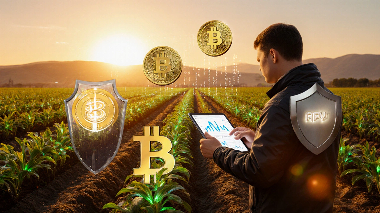 Nông dân cyber thu hoạch token cây trên đồng cỏ blockchain, với bảng phân tích lợi nhuận và bảo mật.